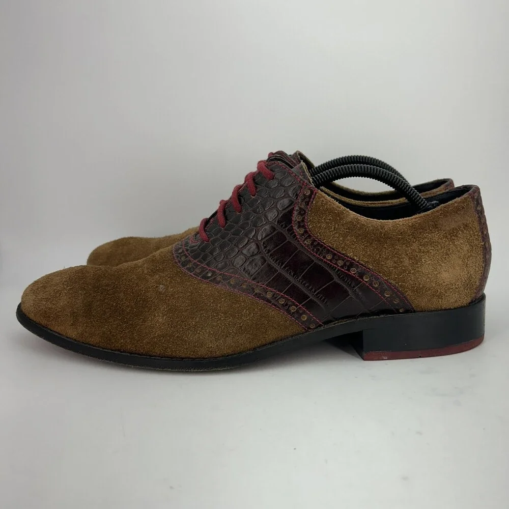 Cole Haan Shoes Mens Size 12 Brown Croc Embossed Leather Suede Oxford Studded